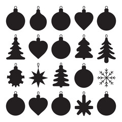 Black Christmas ornaments and tree silhouettes on white background