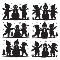 Children building snowman in winter wonderland scene