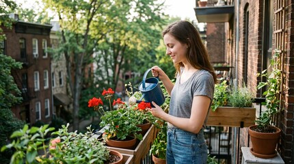 Young woman watering potted flowers on a sunny urban apartment balcony with lush greenery