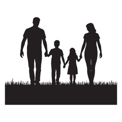 Silhouette of a happy family walking hand in hand on grass