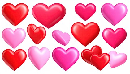 Collection of glossy red and pink heart shapes for romantic themes and decorations.