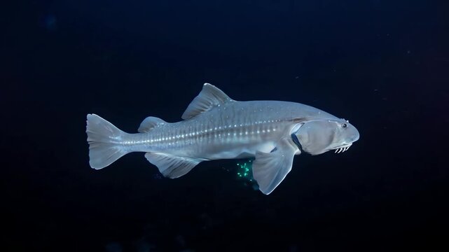 Deep Sea Ghost Shark or Chimaera Swims in Mysterious Dark Ocean Waters Near Bioluminescent Organisms