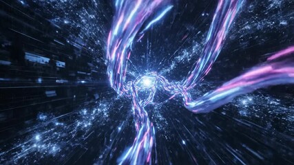 Dynamic journey through a futuristic digital tunnel, featuring glowing blue and pink light trails - Powered by Adobe