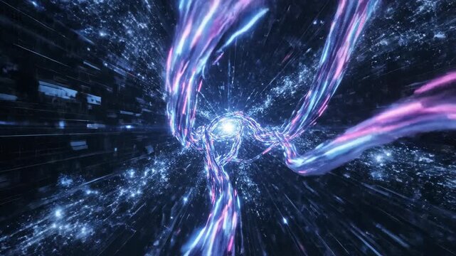 Dynamic journey through a futuristic digital tunnel, featuring glowing blue and pink light trails
