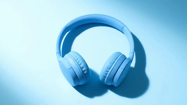 Minimalist Overhead View of Light Blue Wireless Headphones with Soft Shadow on Pastel Blue Background