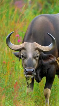Water buffalo grazes on green grass in a vibrant natural meadow
