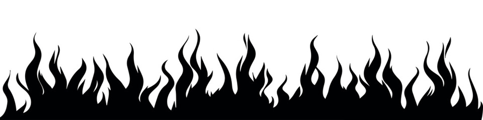 Border fire flame. Flaming pattern. Flammable horizontal line. Black on white. Decorative burning mockup. Cartoon fiery tattoo template. Hot temperature. Vector illustration