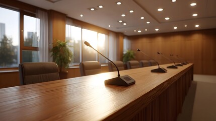Empty modern conference room with microphones on a polished wooden table illuminated by warm natural light from large