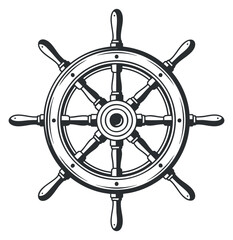 A vintage ship's wheel in black and white vector style, perfect for nautical-themed designs and maritime branding