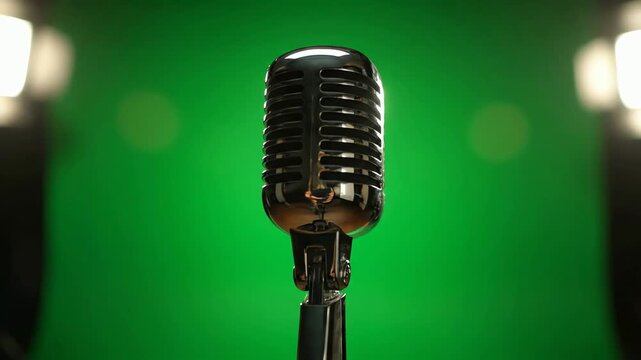 Vintage microphone standing tall on a stand against a vibrant green screen background with studio lighting