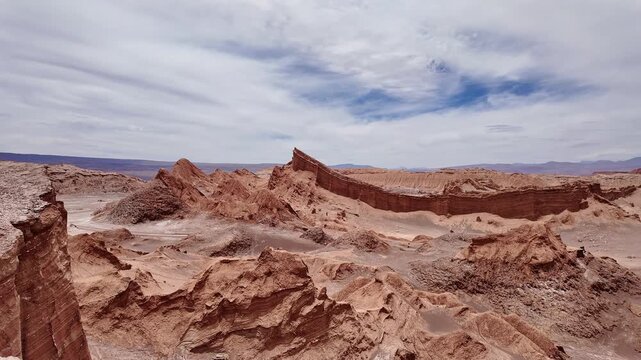 San Pedro de Atacama, Chile: Panoramic footage of the Amphitheater rock formation in Valle de la Luna or Moon valley in Los Flamencos National Reserve in Atacama's desert in Chile under dramatic sky