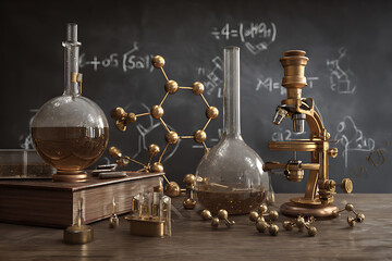 Vintage Scientific Still Life with Brass Microscope, Molecular Model, and Glistening Flasks.