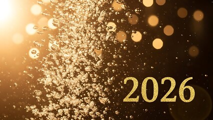 Golden particles and light exploding in air with 2026 text on black background