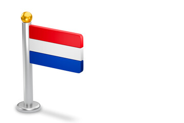 Netherlands flag standing on a pole on white background