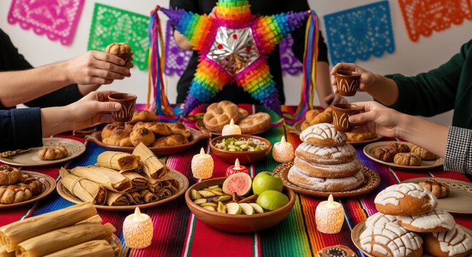 Traditional Las Posadas celebration with a festive table of Mexican food. People toasting with ponche next to a colorful pi&ntilde;ata, tamales, and pan dulce