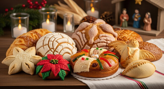 Traditional Mexican pan dulce for a Christmas celebration. Festive assortment of holiday breads like Rosca de Reyes and conchas for Las Posadas and D&iacute;a de Reyes