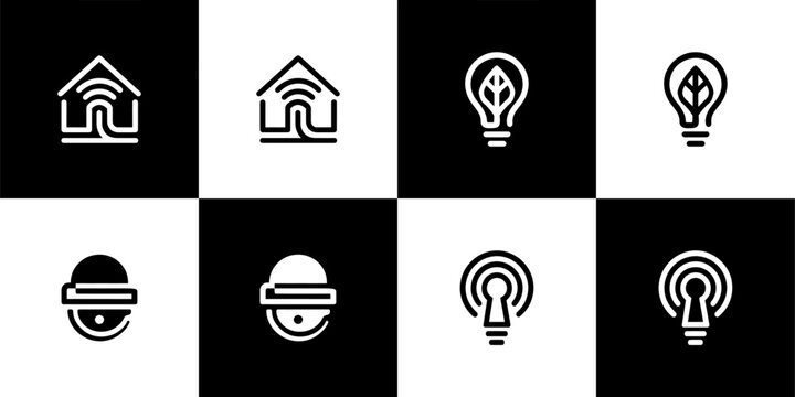 Vector Set of 4 Black and Whites Smart Home, Green Energy, Security Surveillance, and Digital Access Technology Icons