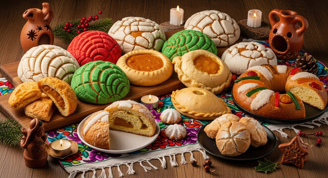 Traditional Mexican pastries and sweet breads for holiday celebration. Festive conchas, empanadas, and Rosca de Reyes arranged on a wooden table with decorations