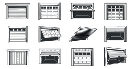 A collection of various garage door designs in flat black and white vector style, suitable for architectural projects and home design