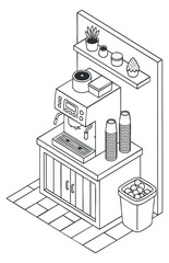 A coffee machine with cups and accessories in black and white minimalist vector style, suitable for cafe or kitchen design