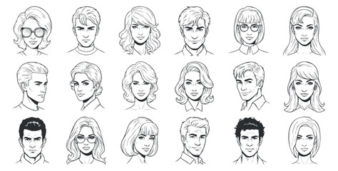 A collection of diverse male and female character faces in black and white outline style, ideal for graphic design projects