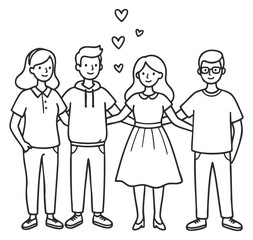 A group of four friends standing together with hearts above in playful line art vector style, ideal for social media and friendship themes