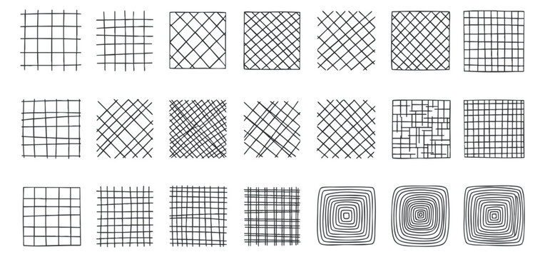 A collection of diverse line patterns featuring grids and textures in black and white minimalist vector style, suitable for graphic design projects