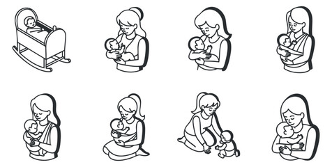 Fototapeta premium A set of line art illustrations depicting mothers breastfeeding and caring for their babies in minimalist vector style, perfect for parenting resources