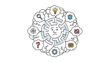 Man Lost in Thought Maze with Question Marks and Ideas
