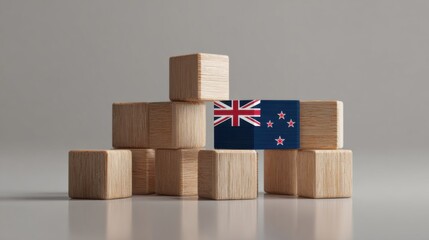 Wooden blocks and a national flag of New Zealand placed on a flat surface in a simple arrangement
