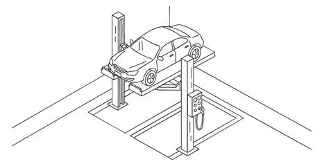 A car lift with a vehicle raised above the ground in an outline vector style, suitable for automotive industry illustrations