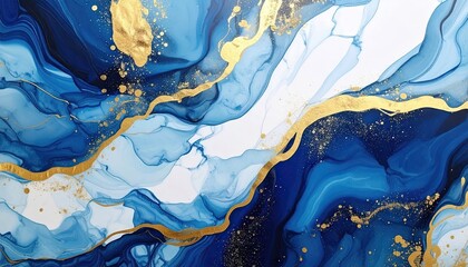 Abstract Blue and Gold Fluid Art Swirls and Waves.