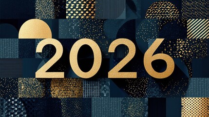 The abstract geometric design uses gold and dark blue as its base colors, integrating the number 2026 as a New Year background for corporate style, suitable for website headers and presentation slides