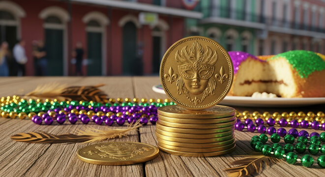 Mardi Gras celebration with gold doubloons, beads, and a King Cake. Festive carnival still life on a wooden table with a New Orleans background