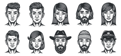 A collection of diverse male and female character portraits in detailed line art style, suitable for various creative projects