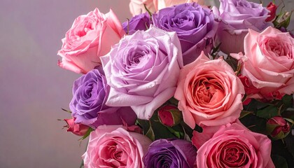 Fototapeta premium Beautiful bouquet of fresh pink and purple roses close up.