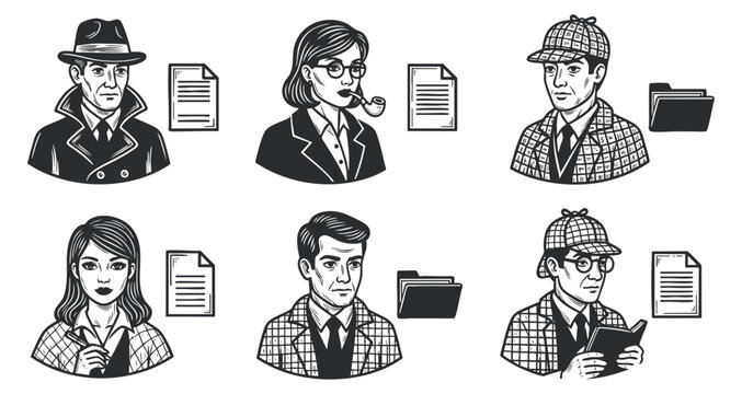 A collection of vintage detective characters including men and women in black and white vector style, perfect for mystery-themed projects