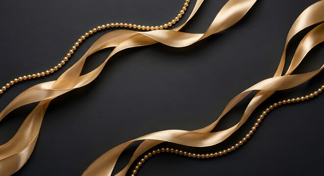 Elegant gold ribbon and pearl necklaces on dark background stylish accessories for festive occasions