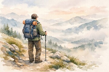 Adventurous hiker on misty mountain path with backpack in watercolor illustration. concept of exploration, scenic hiking experience, natural beauty