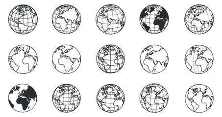 A collection of globe and world map icons in black and white vector style, suitable for educational and global themes