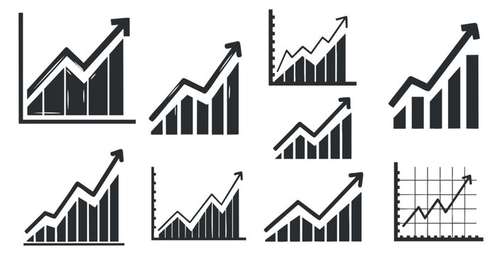 A set of various upward trending graphs and charts in black and white minimalist vector style, suitable for business presentations and financial analytics