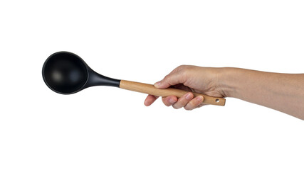 Black plastic spatula in hand on transparent background