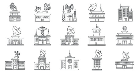 Fototapeta premium A collection of satellite and communication tower icons in clean outline vector style, suitable for technology and media projects