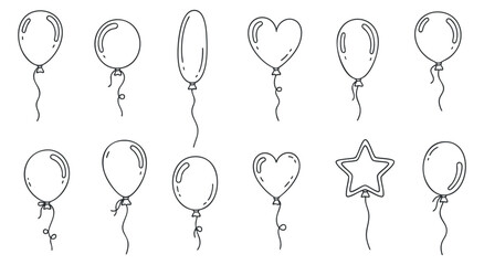 A collection of various balloon designs in black outline vector style, suitable for party invitations and event decorations