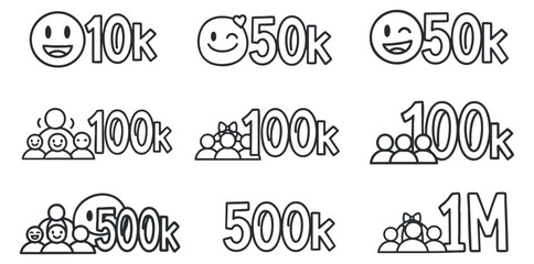 A collection of social media follower count icons featuring smiley emojis and group figures in minimalist outline vector style, suitable for digital marketing and design projects