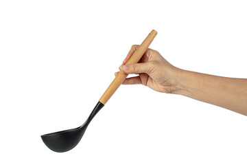 Black plastic spatula in hand on transparent background