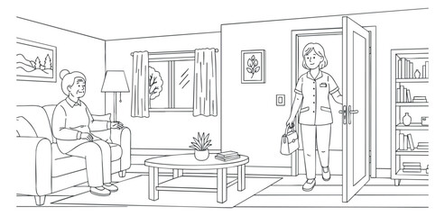 A welcoming scene of a woman entering a living room with an elderly person sitting on a sofa in minimalist line art style, perfect for healthcare and social care themes