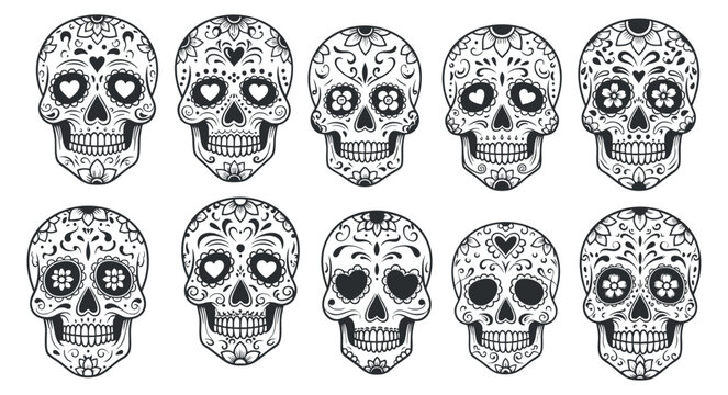 A collection of ten decorative sugar skulls in black and white vector style, ideal for Day of the Dead celebrations and artistic designs