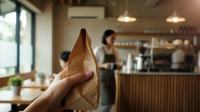 Person holding a brown paper bag of coffee beans inside a cozy modern coffee shop with baristas working