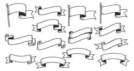 A collection of decorative banners and flags in hand-drawn outline vector style, ideal for graphic design and branding projects